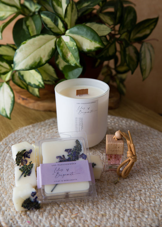 Coffret parfumé lilas et bergamote comprenant chandelle rechargeable, diffuseur pour voiture et cubes de cire