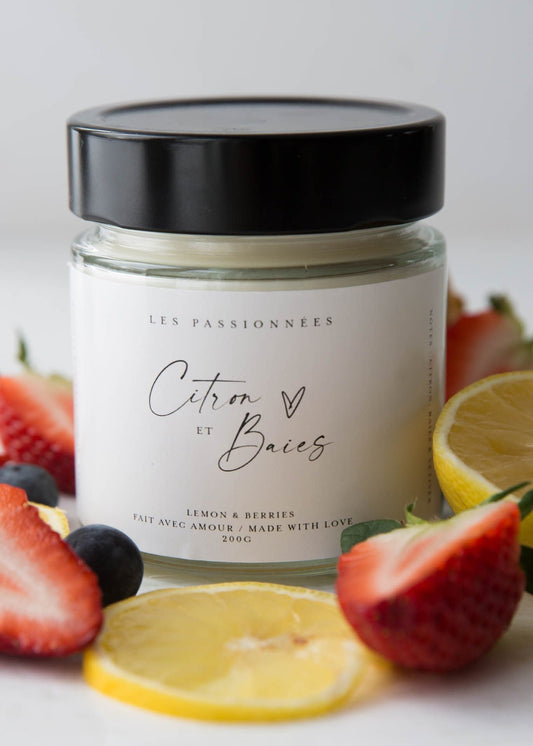 Chandelle parfumée à mèche de coton Citron et Baies en cire de soya et noix de coco