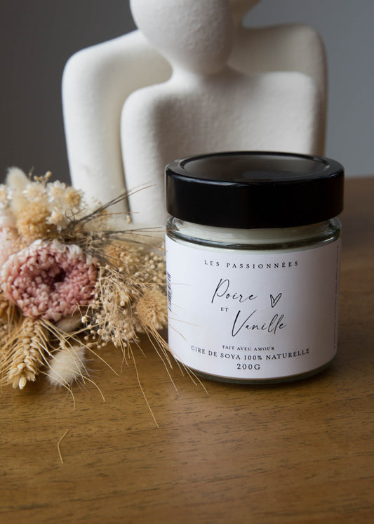 Chandelle parfumee a meche de coton Poire et Vanille en cire de soya et noix de coco