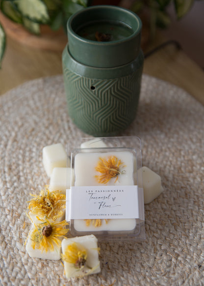 cubes de cire parfumés tournesol et fleur en decor naturel
