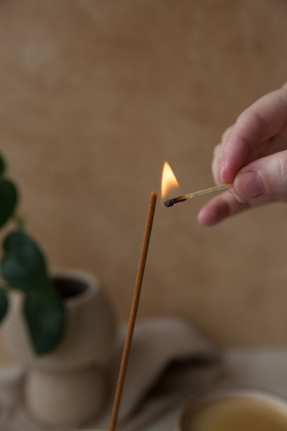 Allumage d’un bâton d’encens parfumé Citron et Baies, moment de détente et ambiance apaisante