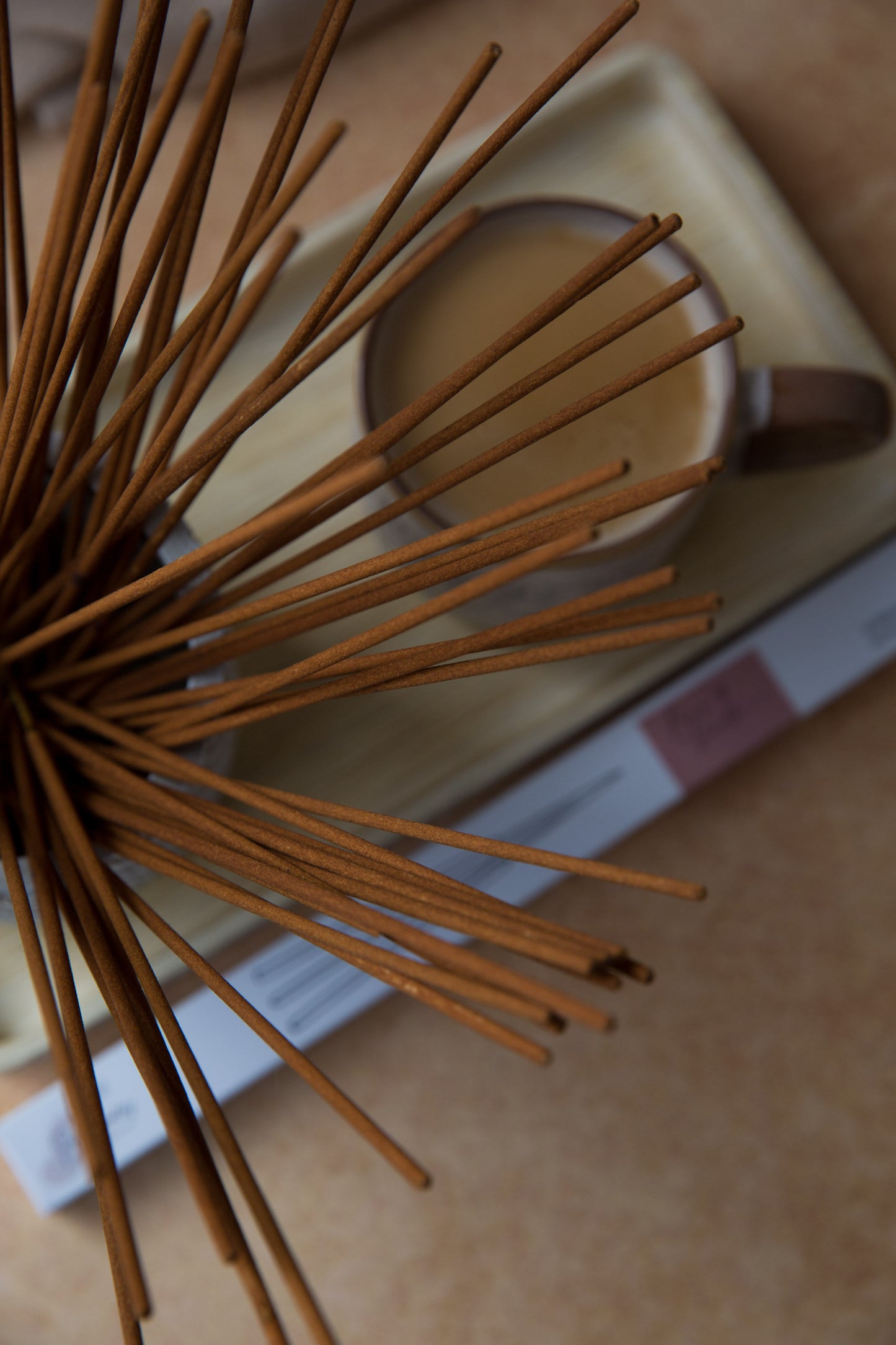 Bâtons d’encens parfumé Eucalyptus et Lavande disposés sur un plateau, parfum frais et herbacé pour la maison