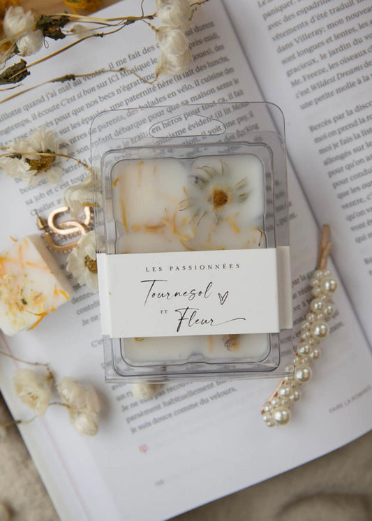 tablettes de cire parfumées tournesol et fleur en mise en scene claire