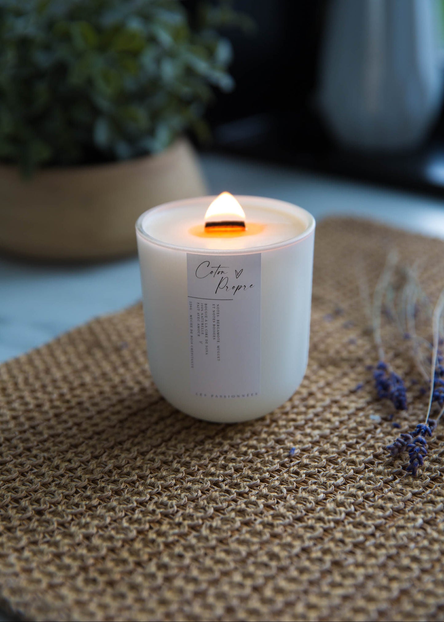 Chandelle parfumée Coton Propre allumée – ambiance douce et propre